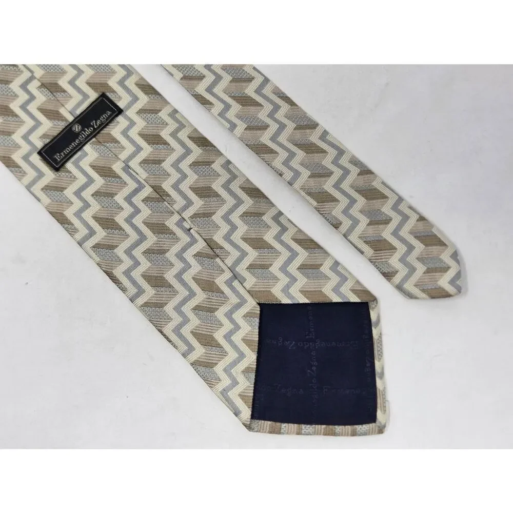 ERMENEGILDO ZEGNA SILK TIE CREAM BLUE TAN WOVEN TEXTURED SATIN 4